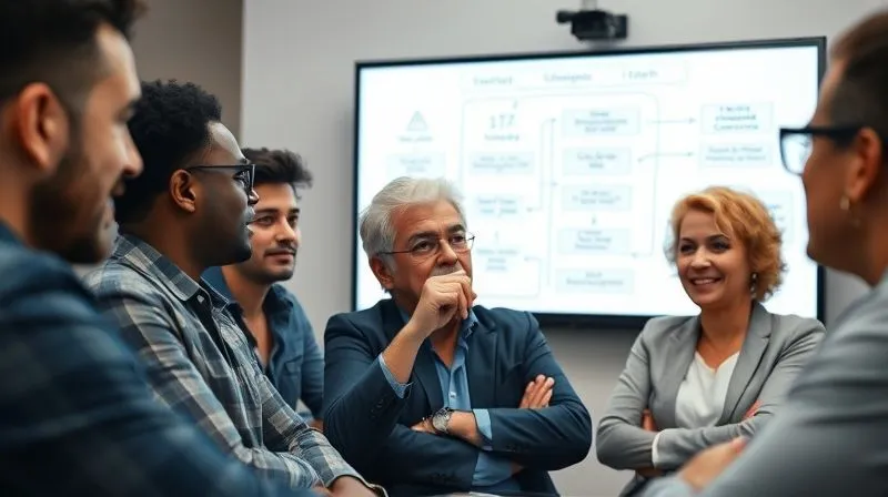 A photorealistic, professional photography image showing a diverse group of entrepreneurs in a modern, brightly lit online video conference call. One central figure, a confident and experienced mentor, is speaking, gesturing towards a digital whiteboard with strategic concepts. The participants' faces show engagement and understanding. Cinematic lighting, sharp focus on the mentor and key participants, depth of field blurring the background, 8K, shot on a high-end DSLR.