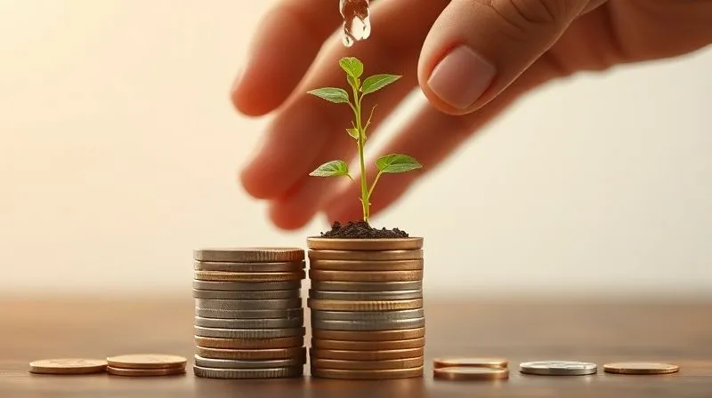 A photorealistic, professional photography image of a hand watering a small, vibrant plant that is growing from a stack of coins. The plant is thriving and reaching upwards, symbolizing recurring revenue and sustained growth. The background is softly blurred, minimalist, suggesting financial stability. Cinematic lighting, sharp focus on the plant and coins, depth of field, 8K, shot on a high-end DSLR.