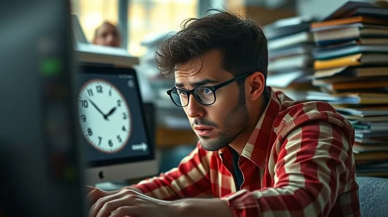A photorealistic image of a stressed freelancer looking at a clock on their computer screen, surrounded by piles of work. Cinematic lighting, sharp focus on their anxious expression, depth of field blurring the chaotic background, 8K hyper-detailed, professional photography, shot on a high-end DSLR.