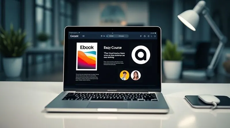 A photorealistic image showing a laptop screen displaying various digital products like an e-book cover, an online course interface, and a template icon, all arranged aesthetically. Cinematic lighting, sharp focus on the digital interface, depth of field blurring a modern, minimalist desk background, 8K hyper-detailed, professional photography, shot on a high-end DSLR.