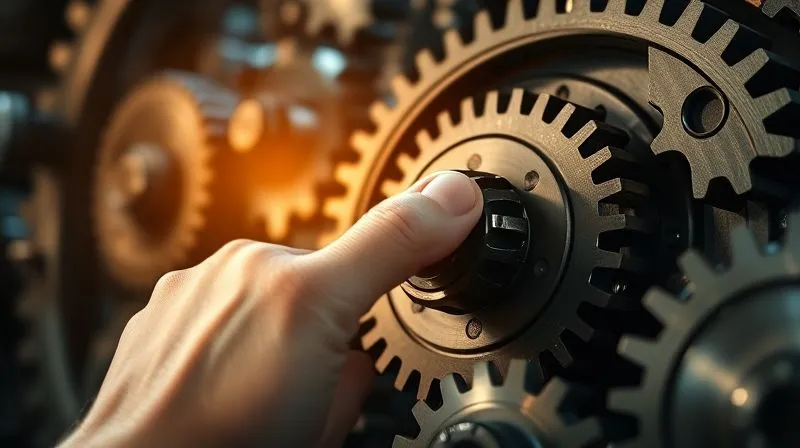 A photorealistic image of a complex system of gears meshing perfectly, with light rays highlighting the smooth operation. In the foreground, a single hand adjusts a lever, symbolizing control and optimization. Cinematic lighting, sharp focus on the gears, depth of field blurring a modern, abstract background, 8K hyper-detailed, professional photography, shot on a high-end DSLR.
