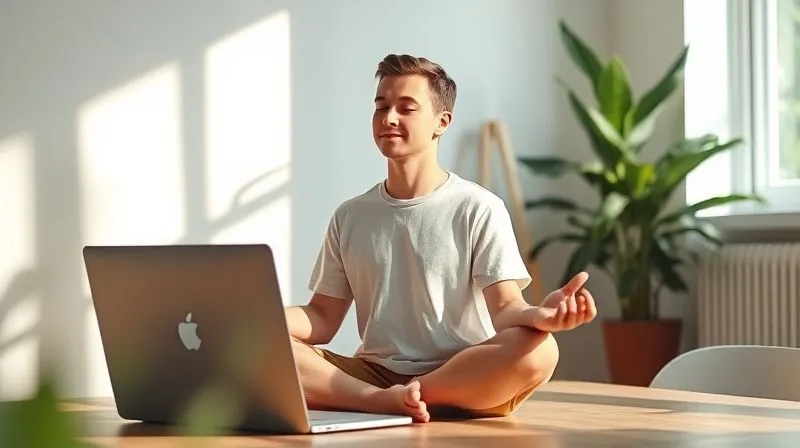 A photorealistic image of a freelancer meditating calmly in a sunlit, minimalist home office, with a gentle glow around them. Their laptop is closed beside them, symbolizing a clear boundary between work and personal well-being. Cinematic lighting, sharp focus on the serene expression, depth of field blurring a peaceful, green plant in the background, 8K hyper-detailed, professional photography, shot on a high-end DSLR.