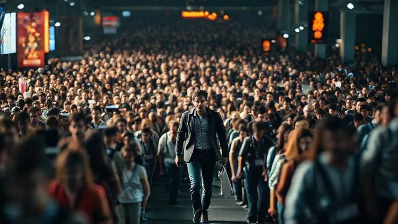 A photorealistic image of a blurred, chaotic crowd of generic freelancers, all looking overwhelmed, contrasted with a single, sharply focused freelancer confidently walking a clear, illuminated path in the foreground. Cinematic lighting, 8K, shot on a high-end DSLR.