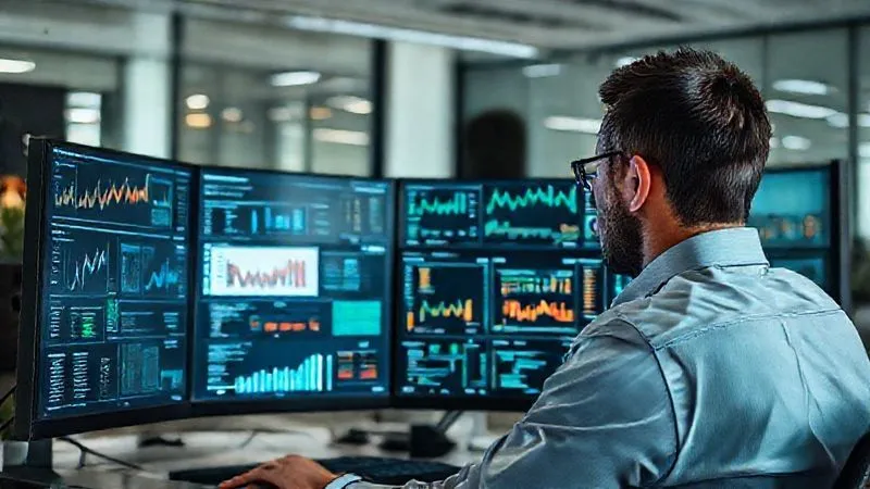 A photorealistic image of a person meticulously analyzing data on multiple screens, with charts, graphs, and keyword research tools visible. The environment is a modern, clean office space with cinematic lighting, sharp focus on the person and screens, 8K, shot on a high-end DSLR.