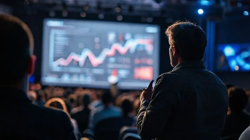 A photorealistic image of a freelancer presenting confidently at a niche industry conference, surrounded by an engaged audience. The stage has a large screen displaying a compelling data visualization. Cinematic lighting, sharp focus on the speaker, depth of field blurring the audience, 8K, shot on a high-end DSLR.