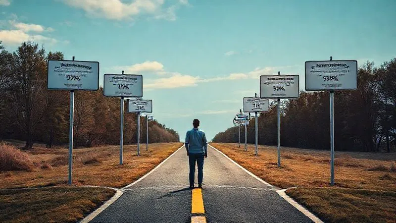 A photorealistic image of a person at a crossroads, looking at multiple digital signposts, each representing a different online course platform with varying percentages and features, symbolizing a strategic decision-making process. The path ahead is bright and clear, indicating a successful future. 8K, cinematic lighting, sharp focus, depth of field, shot on a high-end DSLR.