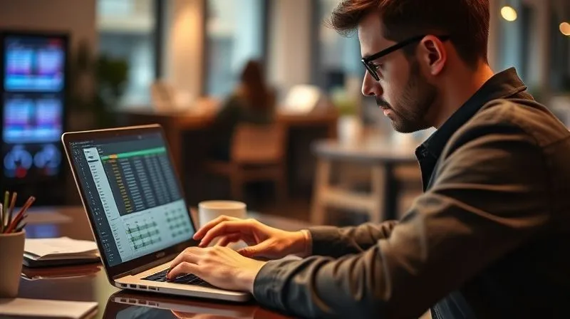 A photorealistic image of a freelancer carefully analyzing a budget spreadsheet on a laptop, with a blurred background of a modern office and faint cloud server icons. Cinematic lighting, sharp focus on the laptop screen and the freelancer's thoughtful expression, depth of field, 8K hyper-detailed, professional photography, shot on a high-end DSLR.