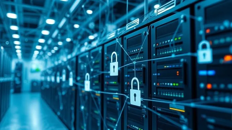 A photorealistic image of a complex network of servers and data flowing, representing cloud computing infrastructure. The image should convey security and reliability, with subtle digital locks and shields integrated into the network lines. Cinematic lighting, sharp focus, depth of field, 8K hyper-detailed, professional photography, shot on a high-end DSLR.