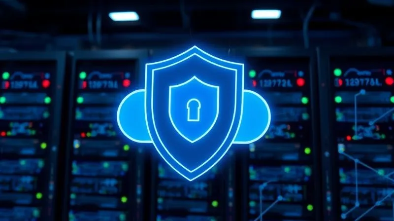 A photorealistic image of a digital shield icon protecting a cluster of cloud servers, with a subtle background of binary code and secure network connections. The image conveys robust cybersecurity in a cloud environment. Cinematic lighting, sharp focus, depth of field, 8K hyper-detailed, professional photography, shot on a high-end DSLR.