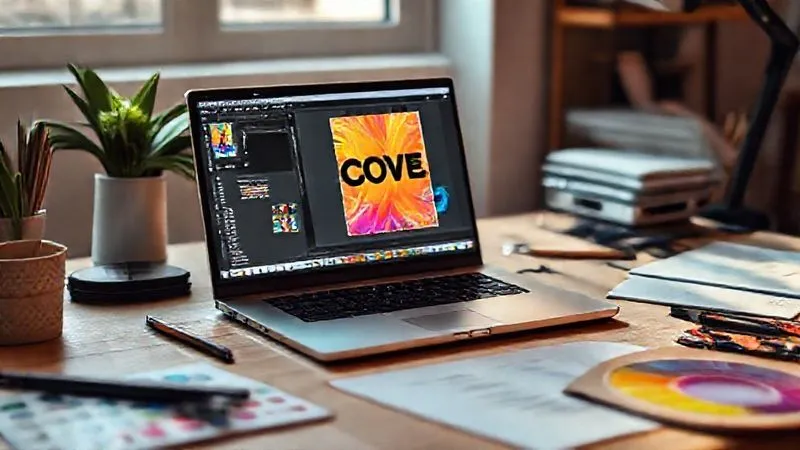 A photorealistic image of a freelancer's desk with a laptop open to a graphic design software interface, showcasing a vibrant digital product cover being designed. Creative tools like a stylus, color palettes, and mood board elements are scattered around, bathed in soft, natural light, 8K, cinematic lighting, sharp focus.