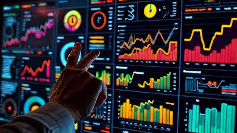 A photorealistic image of a data analyst's hand pointing at a complex, glowing dashboard displaying various marketing metrics like website traffic, conversion rates, and SEO rankings. The screen shows vibrant charts and graphs, representing growth and insights, with a sharp focus on the data, 8K, cinematic lighting.