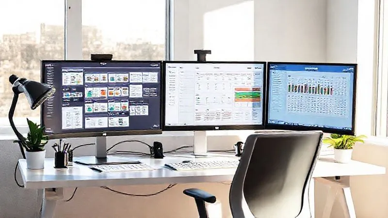 A photorealistic image of a highly organized freelance workspace with multiple monitors displaying project management software (like Trello or Notion), email marketing dashboards, and a calendar. The desk is clean, minimalist, with ergonomic accessories and natural light, symbolizing efficiency and control, 8K, cinematic lighting, sharp focus.
