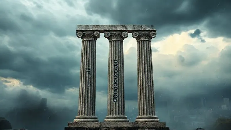 A photorealistic image of three pillars, one labeled 'Liquidez', one 'Segurança', and one 'Rentabilidade', standing firm against a stormy financial background, with a calm, clear sky above them. Cinematic lighting, sharp focus on the pillars, depth of field blurring the background, 8K hyper-detailed, professional photography, shot on a high-end DSLR.