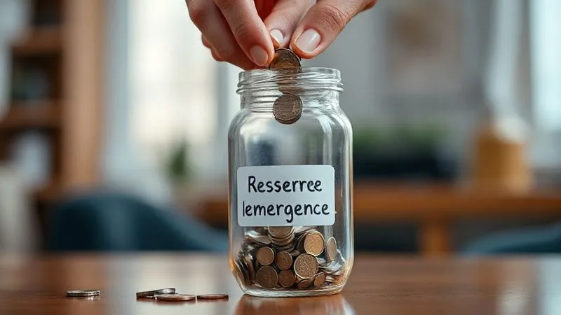 A photorealistic image of a person's hands meticulously placing small, shiny coins into a clear glass jar labeled "Reserva de Emergência", which is already half full. The background shows a blurry, warm-toned home office. Cinematic lighting, sharp focus on the hands and jar, depth of field, 8K hyper-detailed, professional photography, shot on a high-end DSLR.