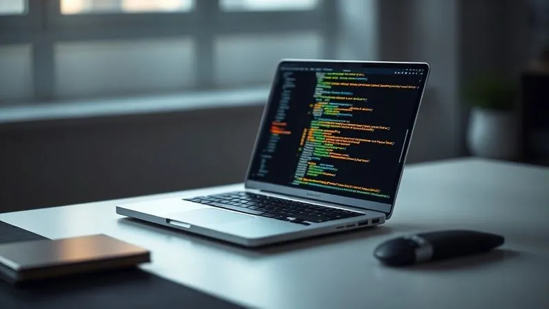 A photorealistic image of a high-performance laptop on a minimalist desk, displaying code on its screen, with soft, cinematic lighting highlighting its sleek design and powerful aesthetics. Sharp focus on the laptop, depth of field blurring the background, 8K hyper-detailed.