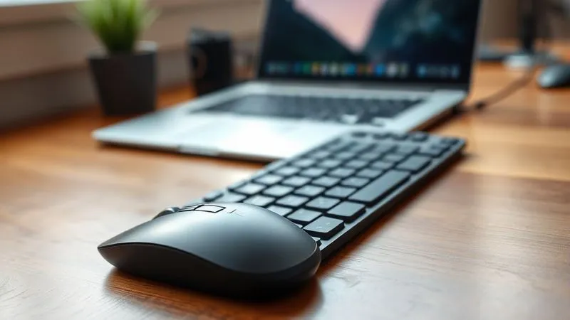 A photorealistic close-up of an ergonomic keyboard and a vertical mouse on a wooden desk, with soft, natural light illuminating the scene, emphasizing comfort and efficiency. Sharp focus on the gadgets, depth of field blurring a laptop screen in the background, 8K hyper-detailed.