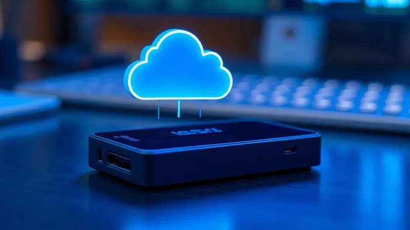 A photorealistic scene of a sleek external SSD and a cloud icon hovering above it, symbolizing data security and accessibility, with futuristic blue lighting and a sharp focus on the devices. Depth of field blurring a desk in the background, 8K hyper-detailed.