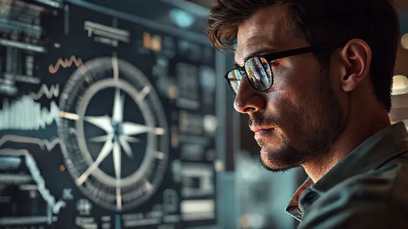 A photorealistic image of a freelancer looking thoughtfully at a holographic display showing complex but clean data visualizations, with a compass overlayed on the data, symbolizing strategic direction. Cinematic lighting, sharp focus, depth of field, 8K, professional photography, shot on a high-end DSLR.
