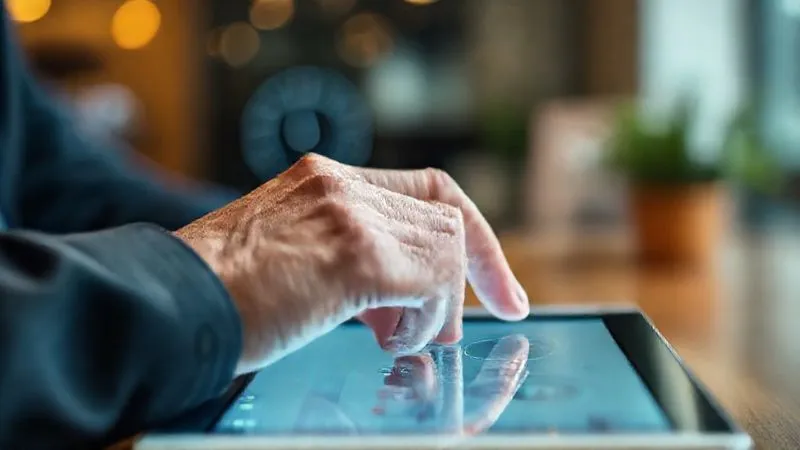 A photorealistic close-up of a freelancer's hand using a sophisticated time-tracking app on a tablet, with blurred background showing a clock and a calendar. Cinematic lighting, sharp focus on the app interface and hand, depth of field, 8K, professional photography, shot on a high-end DSLR.