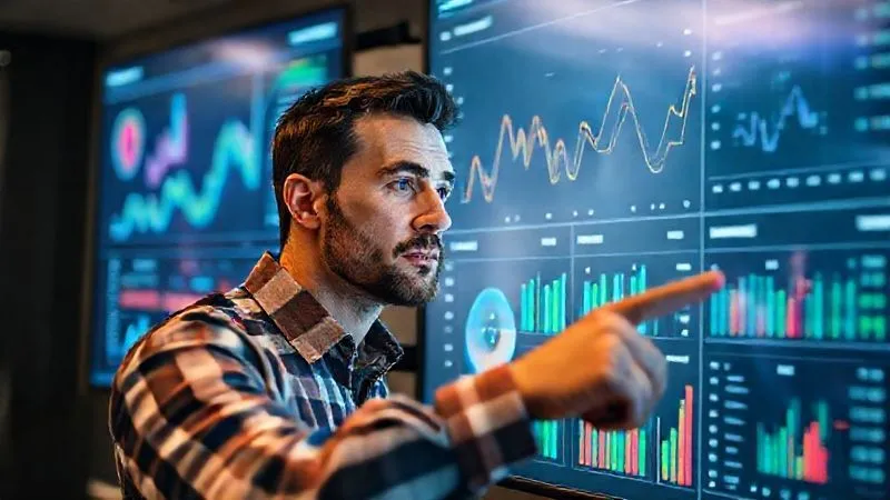 A photorealistic image of a freelancer pointing at a dashboard on a large monitor, showing clear, color-coded charts and graphs that represent financial and productivity data. The freelancer has a look of understanding and determination. Cinematic lighting, sharp focus on the screen and the freelancer's face, depth of field, 8K, professional photography, shot on a high-end DSLR.