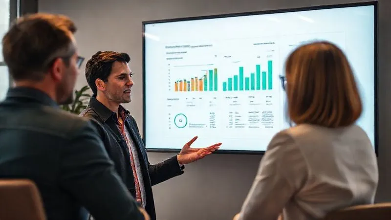 A photorealistic image of a freelancer presenting a digital report on a large screen to a client, both looking engaged and professional. The report shows clear, positive metrics. Cinematic lighting, sharp focus on the interaction and the screen, depth of field, 8K, professional photography, shot on a high-end DSLR.