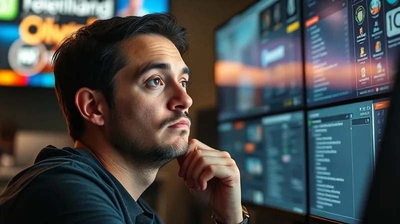 A photorealistic image of a thoughtful person, possibly a freelancer, looking at multiple digital screens with various options, symbolizing decision-making and comparison. Cinematic lighting, sharp focus on the person's face expressing contemplation, depth of field blurring the screens. 8K hyper-detailed, shot on a high-end DSLR.
