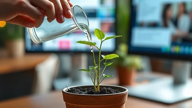 A photorealistic image of a freelancer's hand gently watering a small, vibrant plant growing in a pot, with digital screens showing various content types (blog posts, videos, testimonials) in the blurred background. Cinematic lighting, sharp focus on the hand and plant, symbolizing nurturing and growth. 8K hyper-detailed, shot on a high-end DSLR.