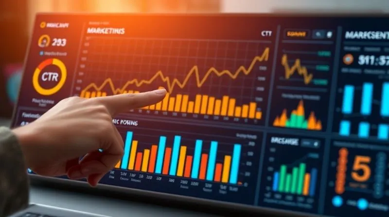 A photorealistic, professional photography of a modern dashboard displaying various marketing metrics (CTR, CPL, engagement rates) on a clean interface, with a freelancer's hand pointing to a positive trend line. Cinematic lighting, sharp focus on the dashboard, depth of field blurring the background. 8K hyper-detailed, shot on a high-end DSLR.