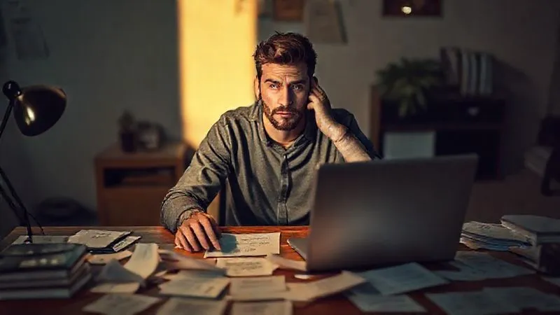 A photorealistic image of a confused freelancer sitting at a desk, surrounded by scattered notes and a laptop displaying an empty client list. The scene has a slightly melancholic, desaturated tone, with a single ray of cinematic light hitting the freelancer's face, highlighting the sense of lost opportunity. Sharp focus on the freelancer, depth of field blurring the background, 8K hyper-detailed, professional photography, shot on a high-end DSLR.