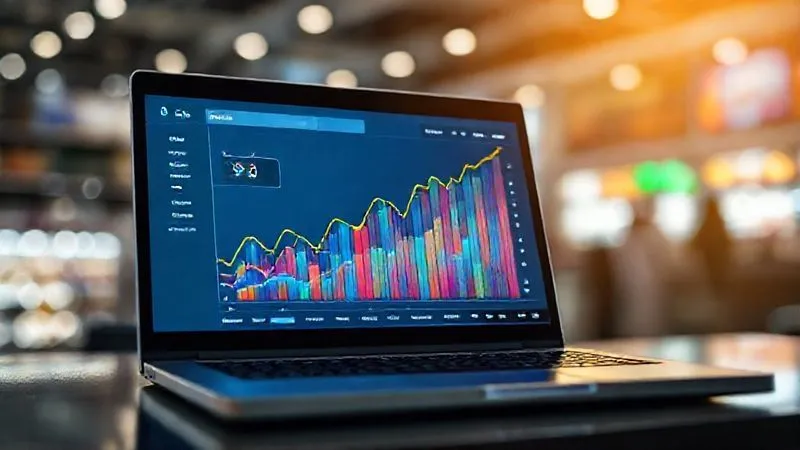 A photorealistic image of a vibrant, multi-colored graph showing a clear upward trend in sales and conversions, with a laptop in the foreground displaying Google Ads interface. The background is slightly blurred, hinting at a bustling digital marketplace. Cinematic lighting highlights the data, sharp focus on the screen, depth of field, 8K hyper-detailed, professional photography, shot on a high-end DSLR.