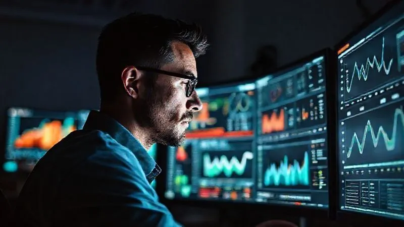 A photorealistic image of a data analyst intently studying multiple monitor screens displaying complex charts, graphs, and dashboards related to marketing campaign performance. The room is dimly lit, with the glow of the screens illuminating the analyst's face, conveying focus and precision. Sharp focus on the data, depth of field blurring the background, 8K hyper-detailed, professional photography, shot on a high-end DSLR.