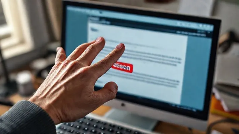 A photorealistic image of a freelancer's hand hovering over a 'spam' button on an email, with a frustrated expression on their face. The screen displays a generic, uninspired marketing email. The background is a slightly messy desk, emphasizing the feeling of being overwhelmed by irrelevant messages. Cinematic lighting, sharp focus on the hand and screen, depth of field, 8K hyper-detailed, professional photography, shot on a high-end DSLR.