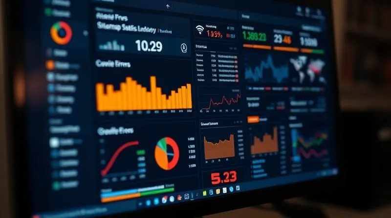 A photorealistic image of a detailed dashboard on a computer screen, showing various SEO metrics, sitemap status, crawl errors, and traffic analytics. The screen is illuminated by cinematic lighting, sharp focus on the data, depth of field blurring the background, 8K hyper-detailed, professional photography, shot on a high-end DSLR.