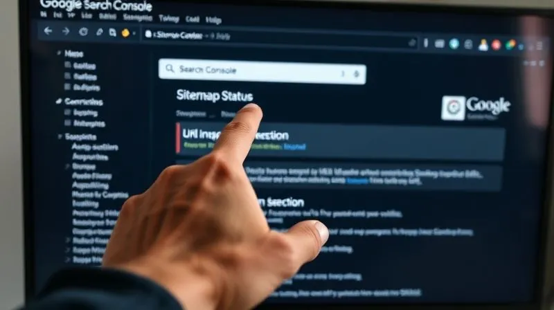 A photorealistic close-up of a hand pointing at a specific section on a Google Search Console interface displayed on a monitor, highlighting sitemap submission status and URL inspection tool. The scene has professional studio lighting, sharp focus on the screen, depth of field blurring the background, 8K hyper-detailed, professional photography, shot on a high-end DSLR.