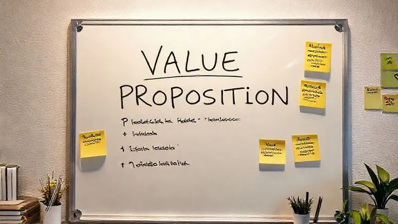 A photorealistic close-up of a whiteboard with a perfectly structured, concise value proposition written in clear, bold letters, surrounded by sticky notes with customer benefits and pain points. Professional office setting, cinematic lighting, sharp focus on the whiteboard, 8K, shot on a high-end DSLR.