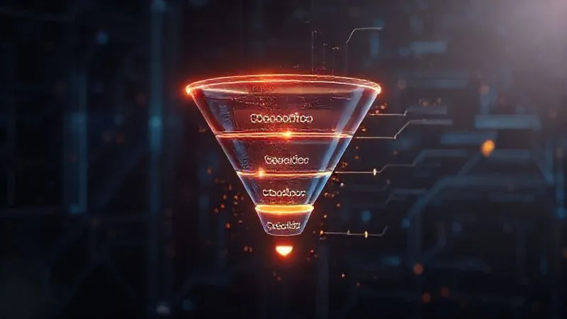 A photorealistic representation of a modern, glowing sales funnel with distinct, labeled stages (Awareness, Consideration, Decision) flowing smoothly, set against a dark, technologically advanced background. Data points and metrics are subtly integrated into the flow. 8K, cinematic lighting, sharp focus on the funnel structure, depth of field, shot on a high-end DSLR.