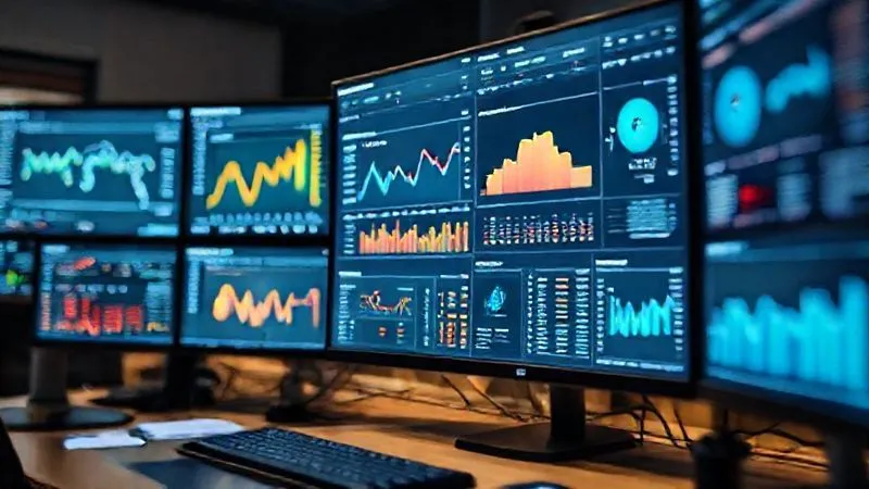 A photorealistic, professional photography of a data scientist's desk, with multiple monitors displaying complex dashboards, heatmaps, and analytics graphs. The focus is on a screen showing a conversion funnel with clear metrics. Cinematic lighting, sharp focus on the data, depth of field blurring the background, 8K, shot on a high-end DSLR.