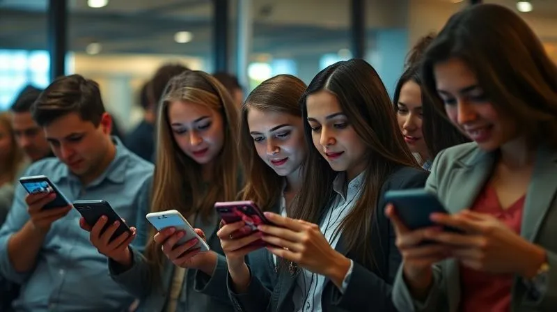 A photorealistic image of a diverse group of young adults and professionals, each engrossed in their smartphone screens, with various TikTok videos playing. The scene is dynamic, with subtle motion blur, cinematic lighting, and a shallow depth of field, highlighting the individual engagement. 8K, professional photography.
