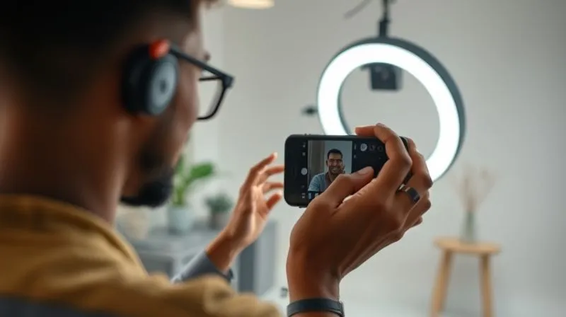 A photorealistic image of a freelancer in front of a ring light, filming a TikTok video with a smartphone. The background is a clean, modern office space. The freelancer is smiling and gesturing, conveying authenticity and expertise. Cinematic lighting, sharp focus on the freelancer, depth of field blurring the background. 8K, professional photography.
