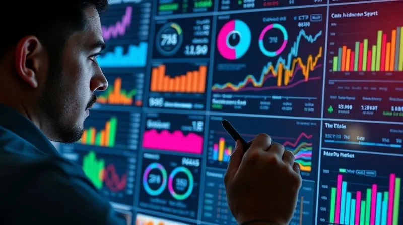 A photorealistic image of a freelancer meticulously analyzing a complex digital dashboard filled with graphs, charts, and TikTok ad metrics (CPL, CPA, ROAS). The freelancer has a focused expression, possibly with a stylus in hand, interacting with a touchscreen. Cinematic lighting, sharp focus on the data and the freelancer's hands, depth of field blurring the background. 8K, professional photography.