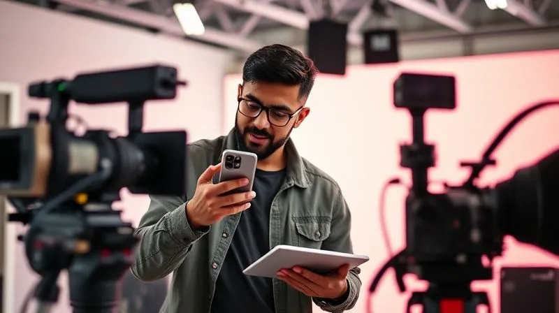 A photorealistic image of two people, a freelancer and a TikTok influencer, collaborating on a video shoot. The influencer is holding a smartphone, demonstrating a product or service, while the freelancer oversees the process with a professional camera or tablet. The background is bright and modern. Cinematic lighting, sharp focus on the interaction, depth of field blurring the studio equipment. 8K, professional photography.