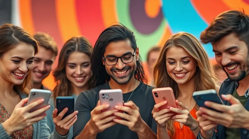 A photorealistic image of a diverse group of people, each looking at their phone with different expressions (amused, thoughtful, engaged), representing a wide range of TikTok users. Cinematic lighting, sharp focus on their faces and phones, depth of field blurring a vibrant, dynamic background. 8K hyper-detailed, shot on a high-end DSLR.