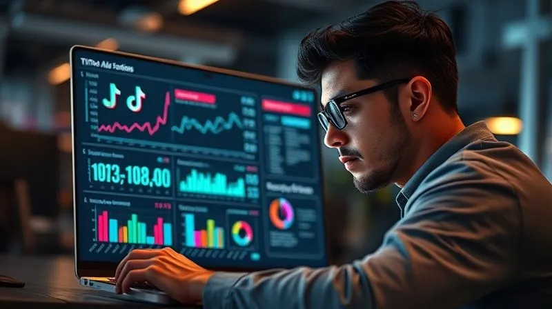 A photorealistic image of a freelancer analyzing a complex data dashboard on a laptop, showing various charts and graphs related to TikTok Ads performance (CTR, CPA, ROAS). The freelancer has a thoughtful, focused expression, surrounded by a subtle digital interface glow. Cinematic lighting, sharp focus on the screen and face, depth of field blurring a modern, ergonomic office. 8K hyper-detailed, shot on a high-end DSLR.