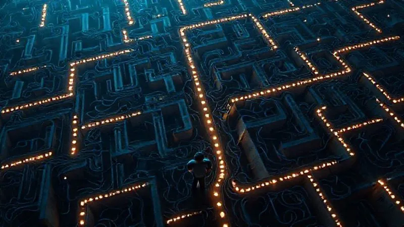 A photorealistic image of a complex, tangled maze from an aerial view, with a single person (representing a website visitor) looking confused at multiple dead ends. The maze is made of digital lines and glowing pathways, symbolizing a difficult user journey. Cinematic lighting, sharp focus on the person and the maze, depth of field, 8K hyper-detailed, professional photography, shot on a high-end DSLR.