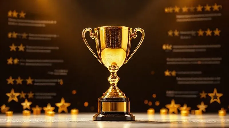 A photorealistic image of a golden trophy or award, gleaming under cinematic lighting, surrounded by various positive testimonials and review stars subtly blurred in the background, sharp focus on the trophy. The overall feeling is one of achievement and trusted excellence. 8K hyper-detailed, professional photography, shot on a high-end DSLR.