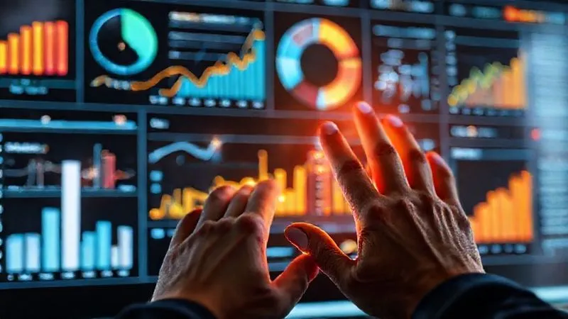 A photorealistic image of a data dashboard displaying various analytical charts and graphs (like bar charts, pie charts, line graphs) with glowing data points. A pair of hands, belonging to a focused professional, are interacting with a touch screen displaying these metrics. Cinematic lighting, sharp focus on the data, depth of field blurring the background, 8K hyper-detailed, professional photography, shot on a high-end DSLR.