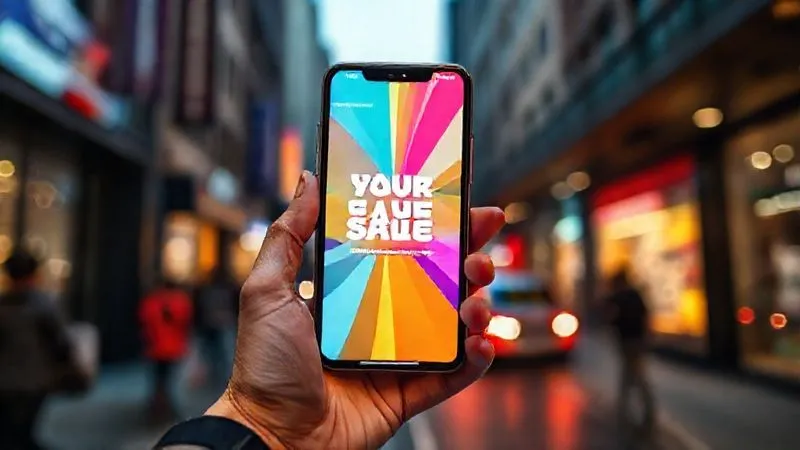 A photorealistic image of a vibrant, eye-catching digital advertisement displayed on a smartphone screen, held by a person's hand. The ad features dynamic colors and a clear call to action, with subtle animated elements. Cinematic lighting highlights the screen, sharp focus on the ad, depth of field blurring the background of a busy street, 8K hyper-detailed, conveying engagement and immediate impact.