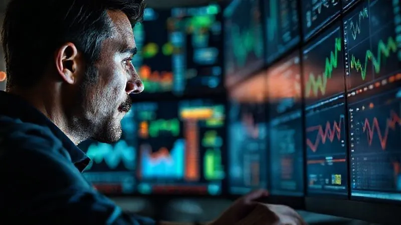 A photorealistic image of a data analyst intently examining multiple screens displaying complex graphs and charts, surrounded by a subtle digital glow. The focus is on the analyst's face, showing concentration and strategic thinking. Cinematic lighting, sharp focus on the screens and face, depth of field blurring the office background, 8K hyper-detailed, conveying meticulous data analysis and decision-making.