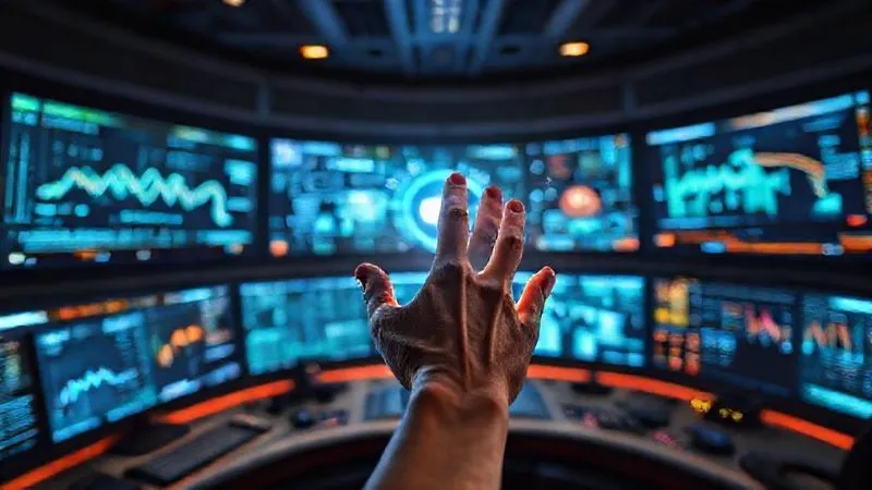 A photorealistic image of a futuristic control room with multiple holographic screens displaying complex data visualizations and AI algorithms at work, focusing on a central, glowing interface. A human hand gestures subtly towards the data, suggesting guidance rather than direct control. Cinematic lighting, sharp focus on the central interface, depth of field blurring the surrounding tech, 8K hyper-detailed, conveying advanced automation and intelligent optimization.