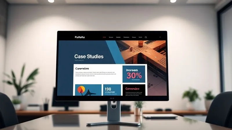 A photorealistic image of a professional, modern portfolio website displayed on a sleek desktop monitor, with a section clearly highlighting 'Case Studies' and showing a vibrant infographic demonstrating a 30% increase in conversions. The background is a minimalist office. photorealistic, professional photography, 8K, cinematic lighting, sharp focus on the monitor, depth of field, shot on a high-end DSLR.